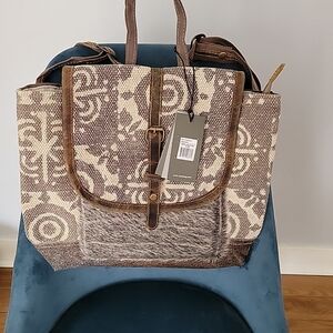 Myra Bag Backpack Leather Fur Canvas Western Aztec Boho Made In India